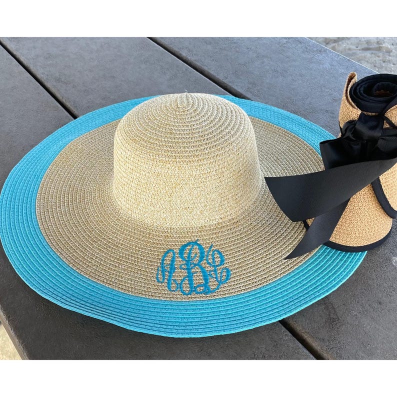 Monogrammed Beach Sun Hat Perosnalized Custom Name Women Summer Vacation Wide Brim Floppy Coastal Wedding Bridesmaid Gift immagine 8