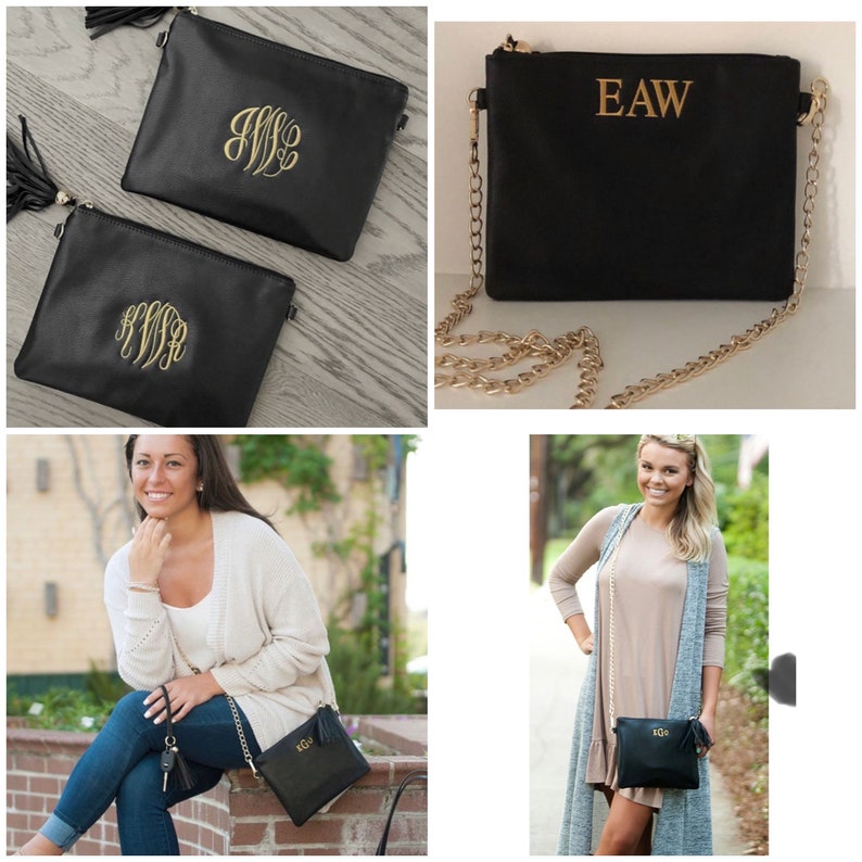 Personalized Cream Vegan Leather Crossbody Purse with Tassel Zipper Pull and Gold Chain Monogrammed Bridesmaid Gift Custom Embroidered image 8