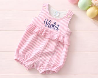 Personalized Embroidered Monogram Girls Pink Seersucker Romper Love That Cotton Bubble Kaileys Monogram Shop