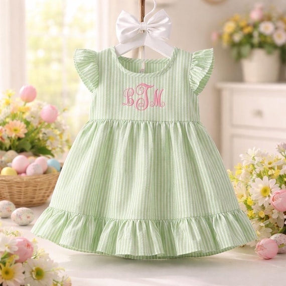 slim fit dress slacks Girl's Seersucker Slices Smocked Dress in Green Size 7
