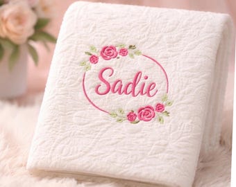 Custom Name Blanket with Rose Floral Embroidery, Soft Cotton Baby