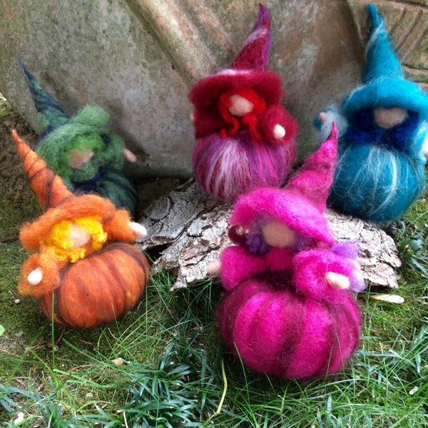 Small Colorful Witches in fairy and carded wool, waldorf style. Halloween