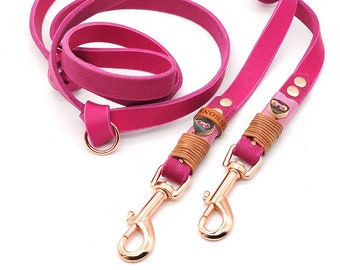 Dog Leash | leather leash | pink rose | 3-way adjustable | 16mm or 20mm width | with noble deer horn