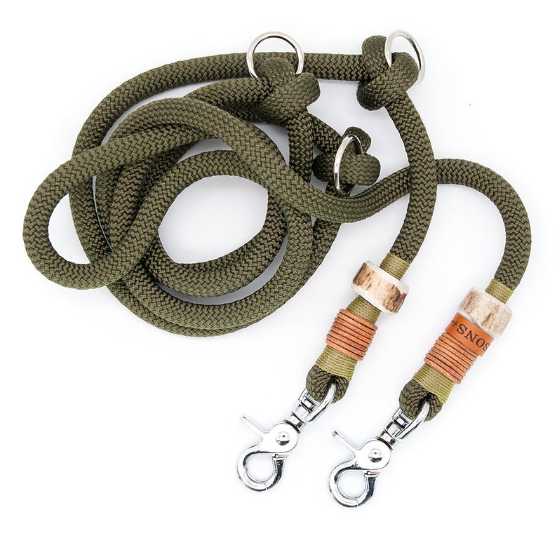 Dog leash Rope Lead Ø10mm 3-way adjustable with elegant stag horn Green Carabiner in Silver image 3
