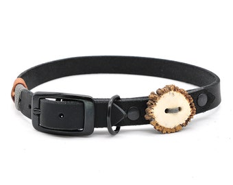 Dog Collar | leather | black | 3-way adjustable | 16mm or 20mm width | with noble deer horn