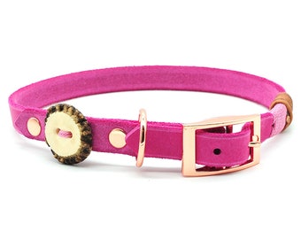 Dog Collar | leather | pink rose | 3-way adjustable | 16mm or 20mm width | with noble deer horn