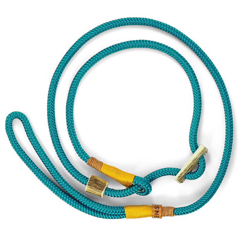 Dog Slip Lead / Moxon Lead in turquoise-golden-yellow strong adjustable Dog Leash made of rope with integrated Antler stop and collar Ø8mm image 4