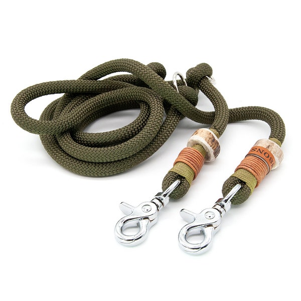 Dog leash | Rope Lead | Ø10mm | 3-way adjustable with elegant stag horn | Green | Carabiner in Silver