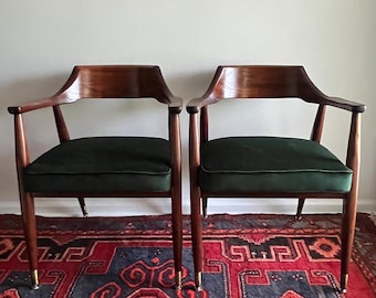 Vintage Mid Century Modern Jasper Walnut Armchairs Pair | Sculpted Wood | Original Brass Ferrules | MCM Dining Accent Chairs