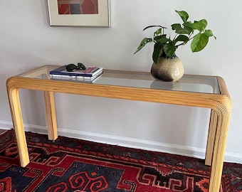 Vintage Pencil Reed Rattan Console Table with Glass Top | Coastal Boho Entryway Table