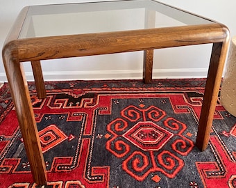 Vintage Oak Glass Top Coffee Table, Mid Century Modern Square Table, Rounded Corner Wood Table, 1970s Large End Table Tinted Glass