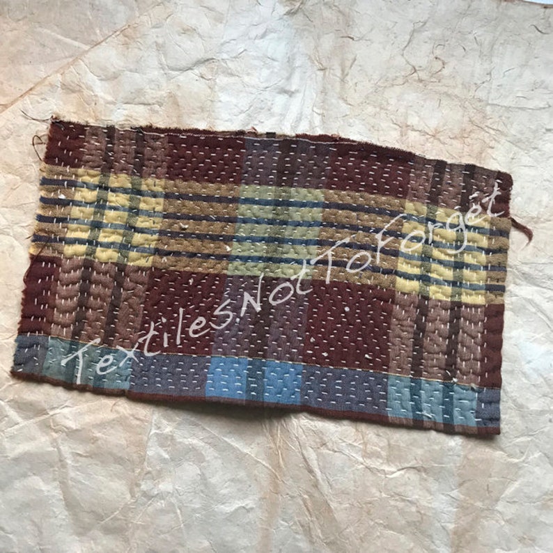 Really nice vintage Japanese zokin of beautifully faded shima cotton in brown light blue and yellow