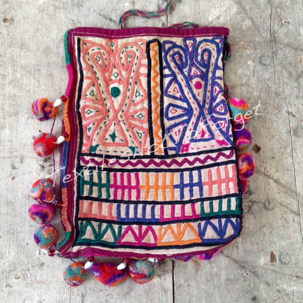 Authentic antique folk art embroidered, appliqued pouch, purse, sleeve, tribal fusion, boho, rare piece