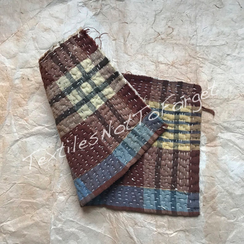 Really nice vintage Japanese zokin of beautifully faded shima cotton in brown light blue and yellow