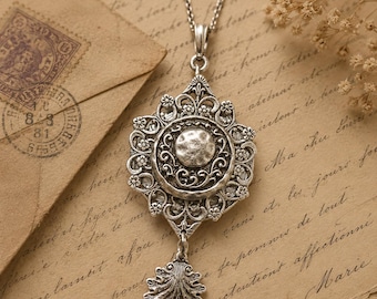 Filigree Full Moon Photo Locket - Silver Tone Victorian Inspired