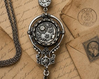 Crescent moon and stars photo locket, starry sky, silver tone, vintage inspired, birthday gift, gift for her, gift for mom, gift for wife