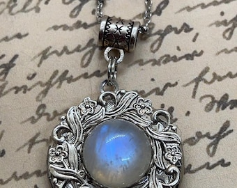 Photo Locket with a rainbow moonstone center on a 24 inch chain - anniversary or birthday gift for her