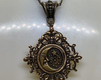 Bronze Photo locket, starry sky locket, moon and stars, oval locket, gift for her, gift for mom, silver tone, gift for wife, anniversary