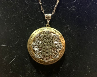 Photo locket, hamsa hand, good luck, protection locket, bronze and silver toned, gift for her, birthday present, gift for mom or grandma