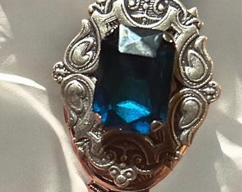 Vintage Inspired Photo Locket: Four Picture, Blue Gem, 30 Inch Chain