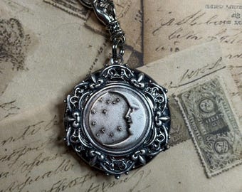Photo Locket Necklace,  Starry Sky and Moon, Silver Tone