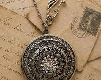 Victorian Style Photo Locket Necklace: Silver Rhinestone Memorial Jewelry