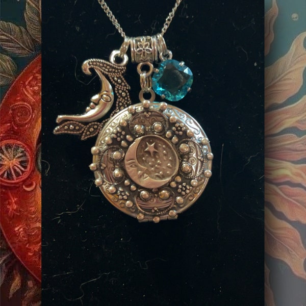 Photo Locket, moon necklace, moon and stars locket, memorial locket, gift for her, grandma gift, birthday gift, locket for photos.