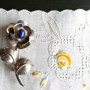 Vintage Sterling Silver Floral Pin Brooch w Blue Stone