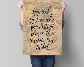 World Map Print, Travel Quote, Motivational Wall, Map Art, World Map Poster, Fernweh, Vintage Map Print, Wanderlust Poster, Travel Quotes