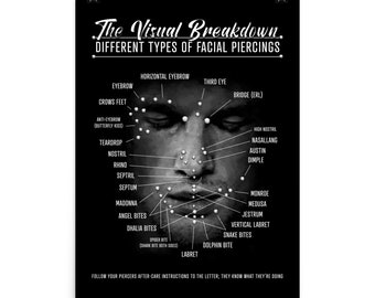 Facial Piercings Infographic Chart Poster Various Types of Face Piercings Art Locations of Facial Piercings Wall Art Piercing Poster