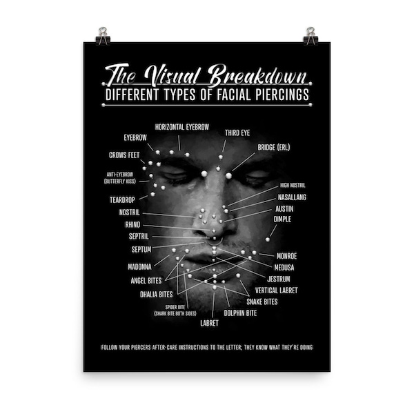 Facial Piercings Infographic Chart Poster Various Types of Face Piercings Art Locations of Facial Piercings Wall Art Piercing Poster