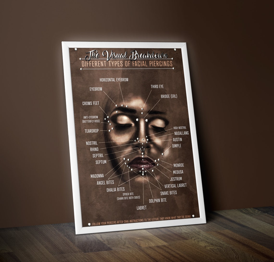 Face Piercings Infographic Wall Decor Chart Vintage Grunge Poster Face