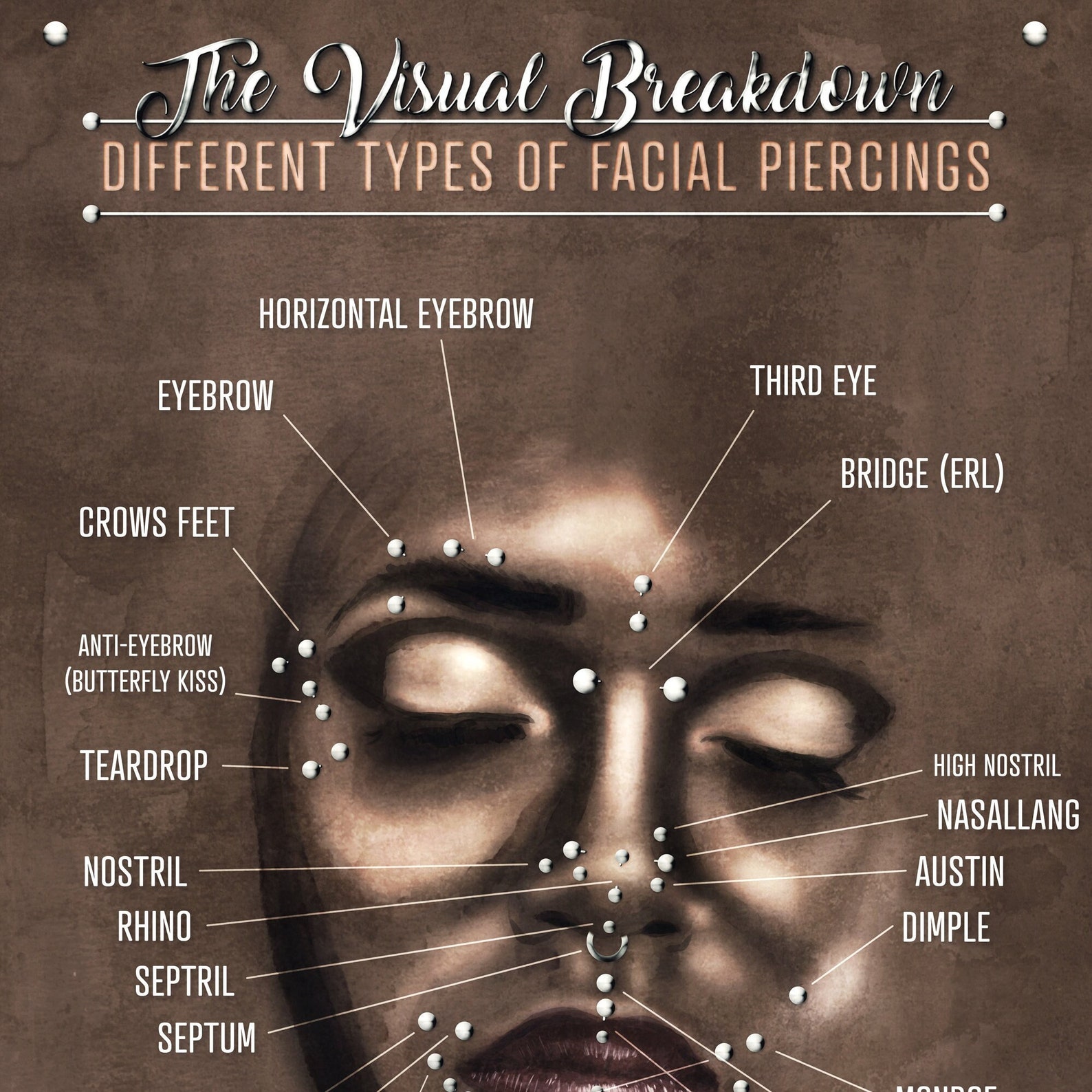 Face Piercings Infographic Wall Decor Chart Vintage Grunge Poster Face