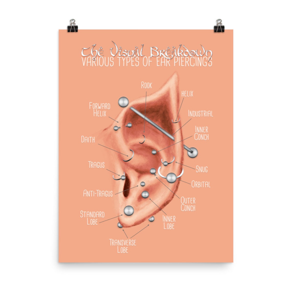 Elf Ear Piercing Chart Light Skin Tone Elvish Ear Piercing Map Wall Art ...