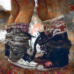 May include: Abstract digital art of a person wearing a pair of white and black sneakers and dark blue jeans. The artwork has a painterly style with a focus on texture and color, with shades of brown, blue, and white.