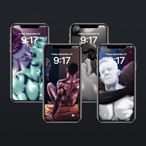 Puede incluir: Cuatro diseños de pantalla de teléfono diferentes con una variedad de ilustraciones coloridas de hombres en varias poses. La hora se muestra en cada pantalla como 9:17.