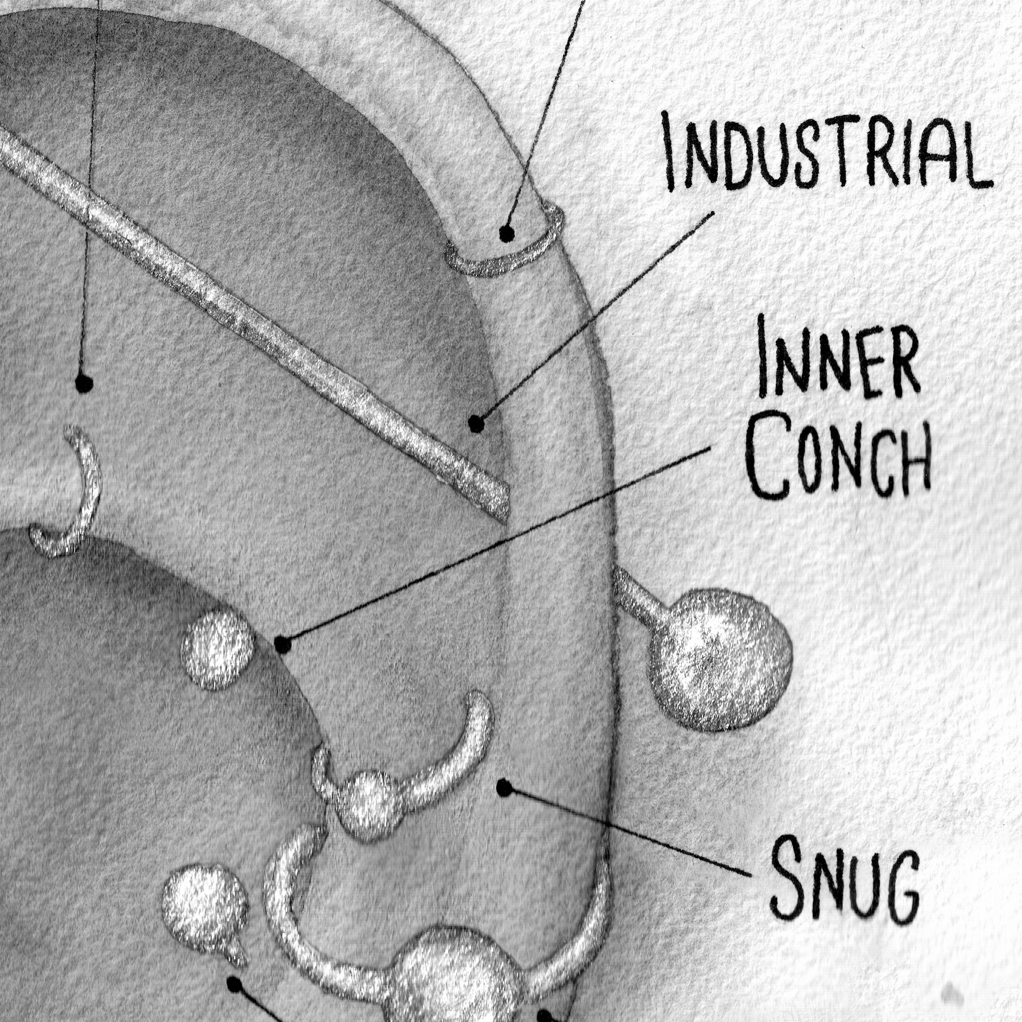 Watercolor Ear Piercing Chart Poster Black And Gray Art Various Ear watercolor-ear-piercing-chart-poster-black-and-gray-art-various-ear