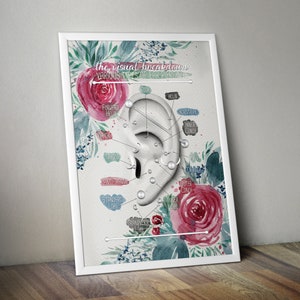 Piercinggrafiek met losse aquarelbloemen, handgeschilderde aquarellen met verschillende locaties van piercings Piercinggrafiek muurdecoratie