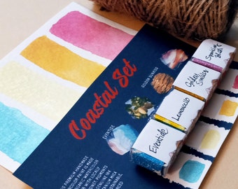 Handmade Watercolor Paint Set of Coastal Colors, 4 Half Pans of Glittering and Sparkling Watercolours with Pastel of Vibrant Spring & Summer