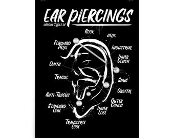 Ear Piercing Chart Infographic Print Wall Art Black and White Ink Poster