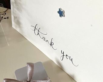 Thank You greetings card with a tiny Fine Silver & blue glass enamel star attached.