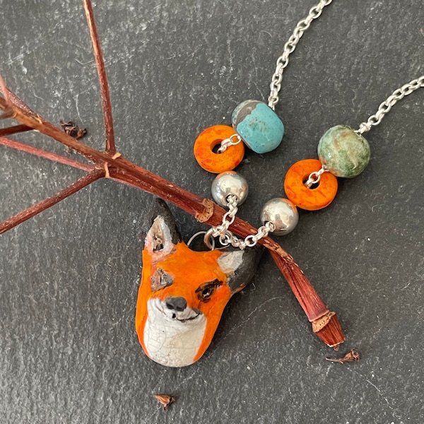 Raku Pottery, Fox, Animal Pendant, Fox Necklace, Fox Jewellery, Wildlife Jewellery