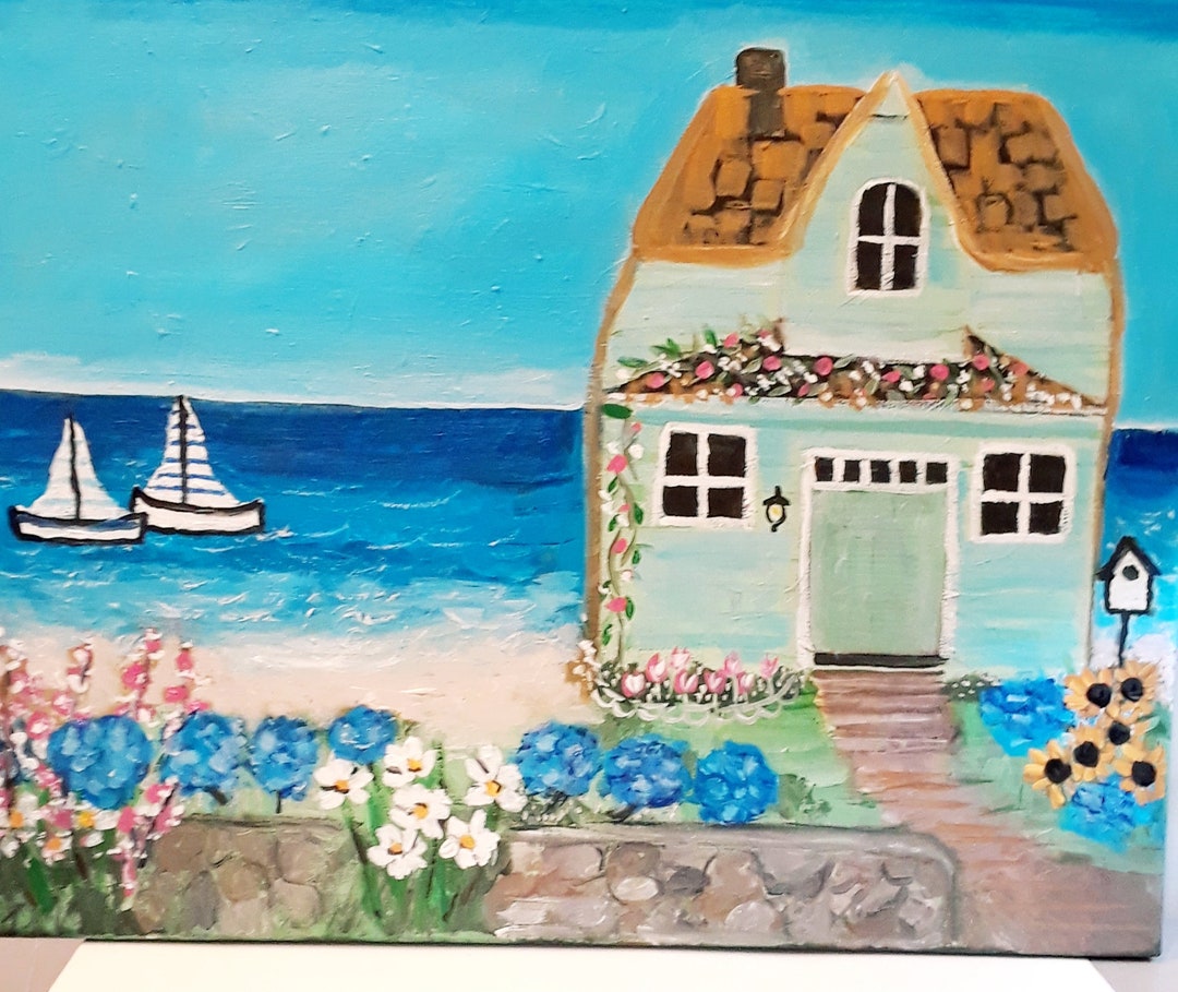 ABSTRACT ART PAINTING Blue Cottage by the Sea, Beach Painting, Ocean ...