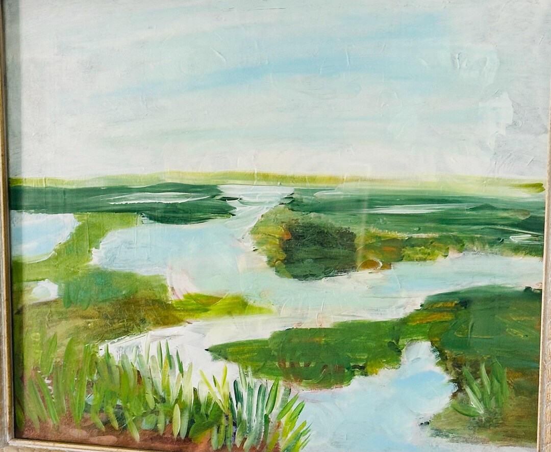 Abstract Marsh Landscape Painting, Green Water Scene, 16x20 Canvas Art ...