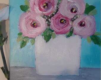 pink roses french floral bouquet painting le jardin  12x12 canvas painting Paris flower painting blue stripe Original  painting