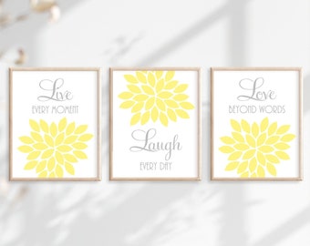 Yellow Gray WALL ART, Live Laugh Love, Prints Or Canvas, Bedroom Pictures, Flower Wall Art, Bathroom Art, Home Decor, Dahlia Flower Set of 3