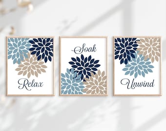 Bathroom Wall Decor, Navy Blue Beige Bathroom Wall Art Prints or Canvas Relax Soak Unwind, Floral Flower Bathroom Art Quotes, Set of 3