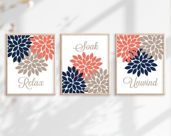 Navy Coral Beige Bathroom Wall Art Prints Or Canvas Bathroom Wall Decor, Flower Bathroom Quote Pictures, Relax Soak Unwind, Set of 3