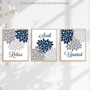 Navy Gray Bathroom Wall Art Prints Or Canvas Bathroom Wall Decor, Flower Bathroom Quote Pictures, Relax Soak Unwind, Set of 3