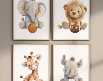 Safari Animal Sports Prints: Boy Nursery Wall Art, Set of 4